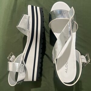 ALDO Metallic Silver and White Strappy Sandals